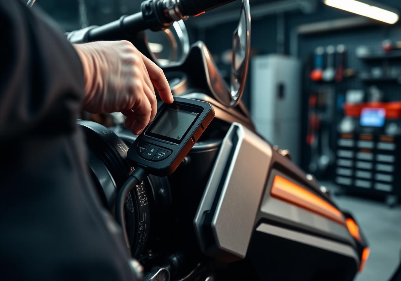 ECM diagnostic scanner connected to a powersports machine