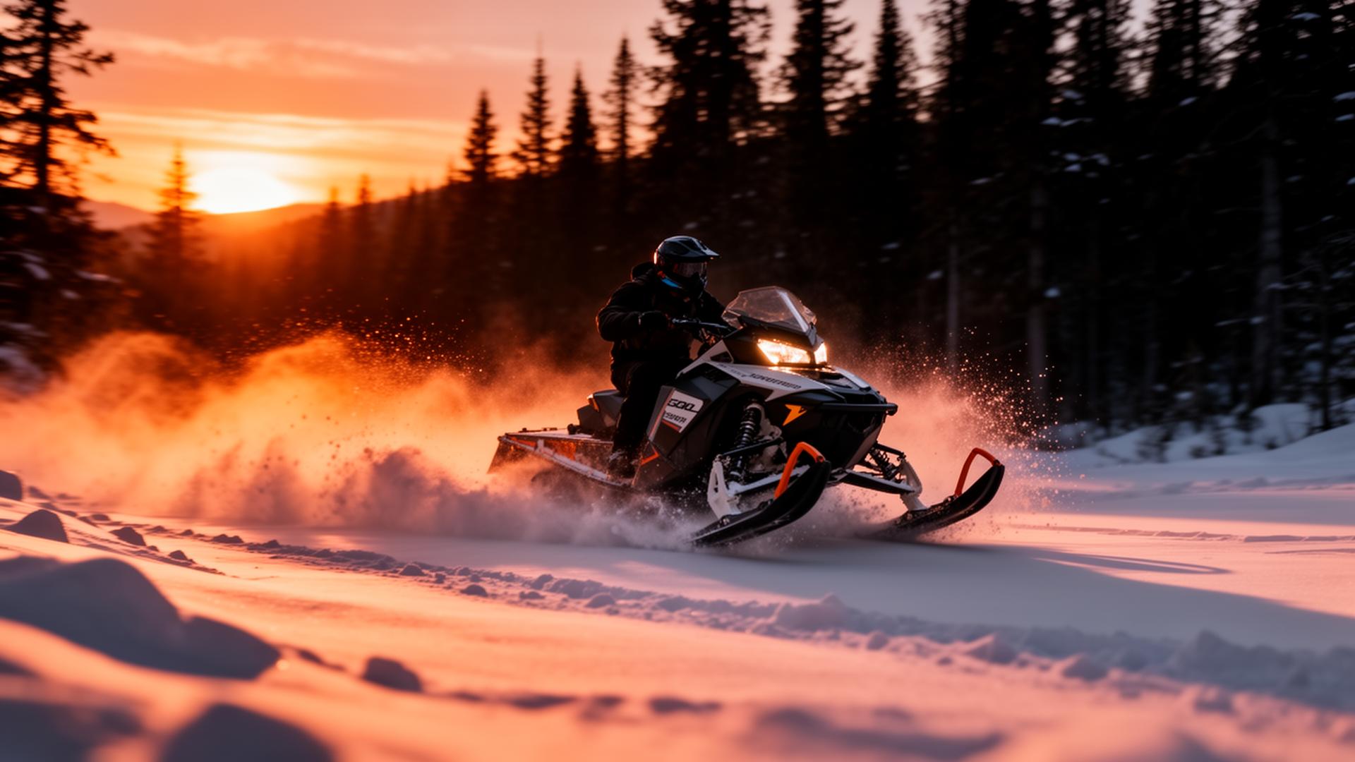 Snowmobile riding through powder at sunset in Ontario